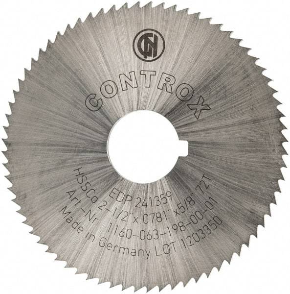 Controx - 2-1/2" Diam x 0.0781" Blade Thickness x 5/8" Arbor Hole Diam, 72 Tooth Slitting and Slotting Saw - Arbor Connection, Right Hand, Uncoated, Cobalt, Concave Ground, Contains Keyway - Makers Industrial Supply