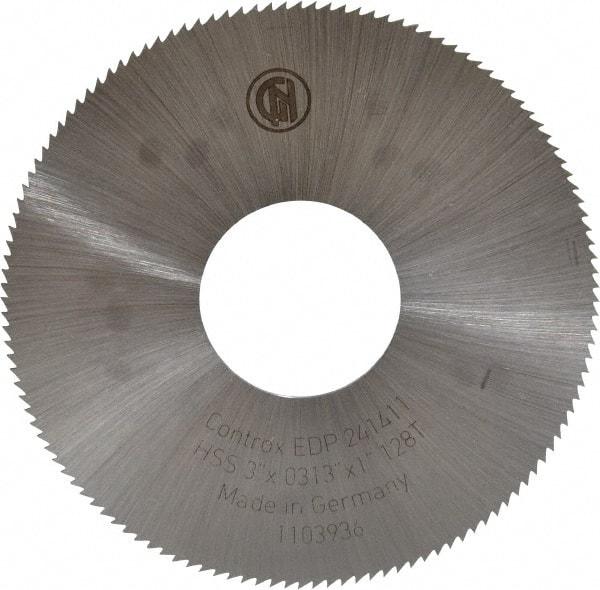 Controx - 3" Diam x 0.0313" Blade Thickness x 1" Arbor Hole Diam, 128 Tooth Slitting & Slotting Saw - Arbor Connection, Right Hand, Uncoated, M2 High Speed Steel, Concave Ground - Makers Industrial Supply