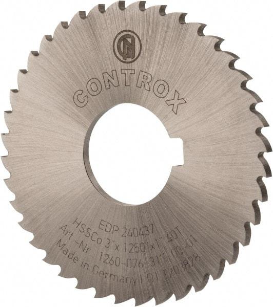 Controx - 3" Diam x 1/8" Blade Thickness x 1" Arbor Hole Diam, 40 Tooth Slitting and Slotting Saw - Arbor Connection, Right Hand, Uncoated, Cobalt, 15° Rake, Concave Ground, Contains Keyway - Makers Industrial Supply