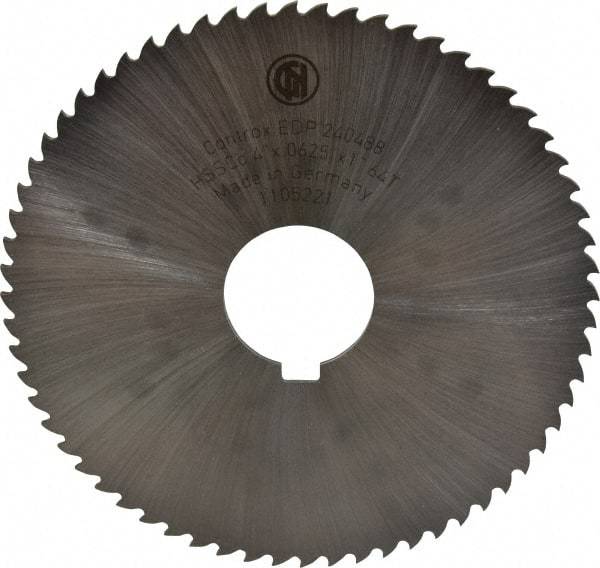 Controx - 4" Diam x 1/16" Blade Thickness x 1" Arbor Hole Diam, 64 Tooth Slitting and Slotting Saw - Arbor Connection, Right Hand, Uncoated, Cobalt, 15° Rake, Concave Ground, Contains Keyway - Makers Industrial Supply