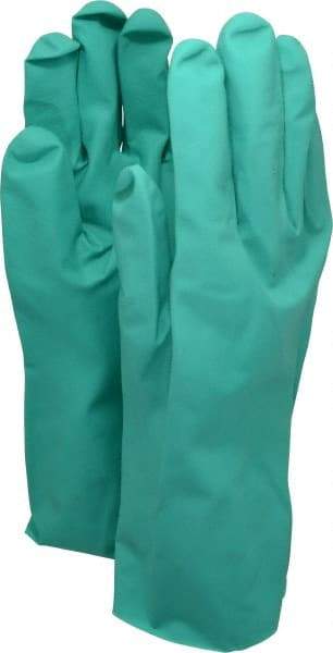 PRO-SAFE - Size 2XL (11), 13" Long, 11 mil Thick, Nitrile Chemical Resistant Gloves - Textured Finish, Gauntlet Cuff, ANSI Abrasion Level 3, ANSI Cut Level 0, ANSI Puncture Level 1, Green, FDA Approved - Makers Industrial Supply