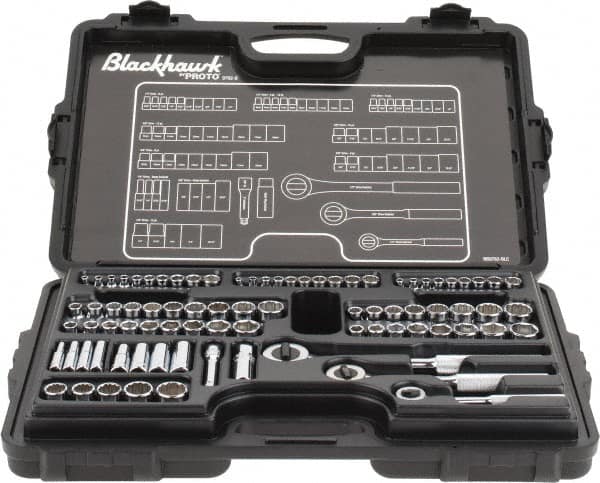 Blackhawk by Proto - 82 Piece 1/4" & 3/8" Drive Deep Well Socket Set - 6, 12 Points, 5/32" to 13/16" (4mm to 19mm) Range, Inch/Metric Measurement Standard - Makers Industrial Supply