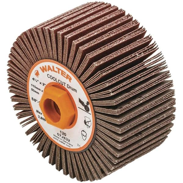 WALTER Surface Technologies - 4-1/4" Diam 120 Grit Aluminum Oxide Unmounted Flap Wheel - 5/8-11 Threaded Hole, 2" Wide, Coated, Grade Fine, 3,800 Max RPM - Makers Industrial Supply