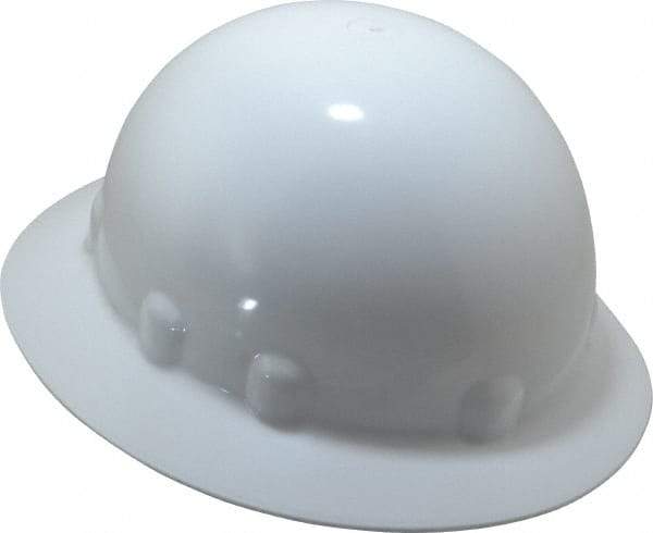 Fibre-Metal - ANSI Type I, Class E Rated, 8-Point, Ratchet Adjustment Hard Hat - One Size Fits Most, White, Full Brim - Makers Industrial Supply