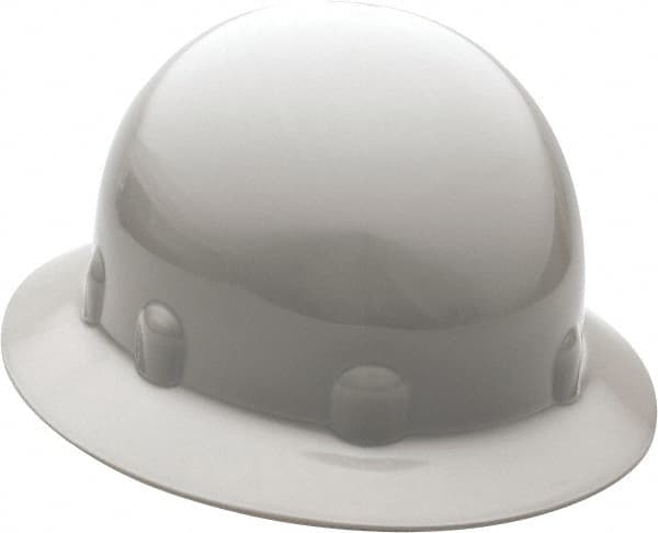 Fibre-Metal - ANSI Type I, Class E Rated, 8-Point, Ratchet Adjustment Hard Hat - One Size Fits Most, Gray, Full Brim - Makers Industrial Supply