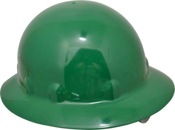 Fibre-Metal - ANSI Type I, Class E Rated, 8-Point, Ratchet Adjustment Hard Hat - Size 6-1/2 to 8, Green, Full Brim - Makers Industrial Supply