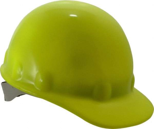 Fibre-Metal - ANSI Type I, Class E Rated, 8-Point, Ratchet Adjustment Hard Hat - One Size Fits Most, Hi-Viz Yellow, Standard Brim - Makers Industrial Supply