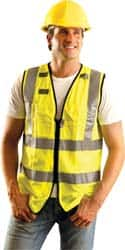 OccuNomix - Size 2XL High Visibility Yellow Solid Surveyor's Vest - 48 to 50" Chest, ANSI 107-2015, Zipper Closure, 3 Pockets, Polyester - Makers Industrial Supply