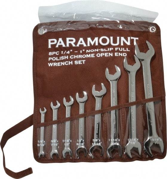 Paramount - 8 Piece, 1/4" to 1", Open End Wrench Set - Inch Measurement Standard, Full Polish Finish, Comes in Canvas Pouch - Makers Industrial Supply