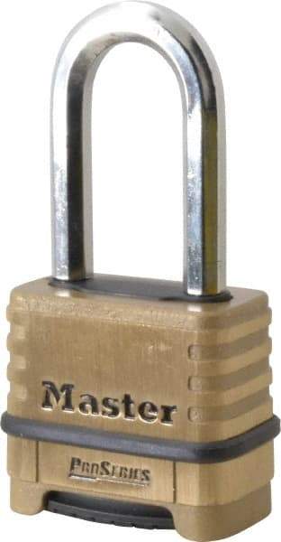 Master Lock - 2-1/4" Body Width x 2" Body Height, 2.063" Shackle Clearance, Brass Body & Boron Carbide Combination Lock - 3/8" Shackle Diam - Makers Industrial Supply