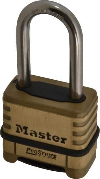 Master Lock - 2-1/4" Body Width x 2" Body Height, 2.094" Shackle Clearance, Brass Body & Stainless Steel Combination Lock - 5/16" Shackle Diam - Makers Industrial Supply