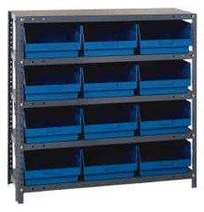 Quantum Storage - 12 Bin Store-More Shelf Bin System - 36 Inch Overall Width x 18 Inch Overall Depth x 39 Inch Overall Height, Blue Polypropylene Bins - Makers Industrial Supply