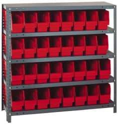 Quantum Storage - 32 Bin Store-More Shelf Bin System - 36 Inch Overall Width x 18 Inch Overall Depth x 39 Inch Overall Height, Red Polypropylene Bins - Makers Industrial Supply