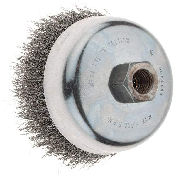 Weiler - 4" Diam, 5/8-11 Threaded Arbor, Steel Fill Cup Brush - 0.014 Wire Diam, 1-3/8" Trim Length, 9,000 Max RPM - Makers Industrial Supply