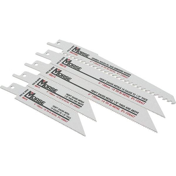 M.K. MORSE - 5 Pieces, 4" to 6" Long x 0.035" to 0.05" Thickness, Bi-Metal Reciprocating Saw Blade Set - Tapered Profile, 10 to 18 Teeth, Toothed Edge - Makers Industrial Supply