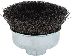 Weiler - 3" Diam, 5/8-11 Threaded Arbor, Steel Fill Cup Brush - 0.014 Wire Diam, 7/8" Trim Length, 14,000 Max RPM - Makers Industrial Supply