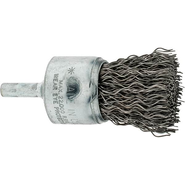 Weiler - 1" Brush Diam, Crimped, End Brush - 1/4" Diam Shank, 20,000 Max RPM - Makers Industrial Supply