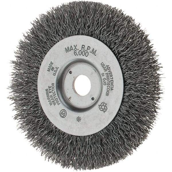 Weiler - 4" OD, 1/2" Arbor Hole, Crimped Steel Wheel Brush - 1/2" Face Width, 13/16" Trim Length, 0.014" Filament Diam, 6,000 RPM - Makers Industrial Supply