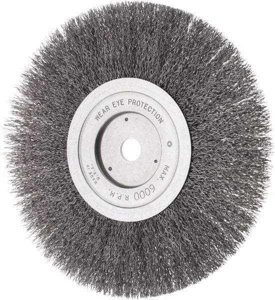 Weiler - 8" OD, 5/8" Arbor Hole, Crimped Steel Wheel Brush - 3/4" Face Width, 1-1/2" Trim Length, 0.014" Filament Diam, 4,500 RPM - Makers Industrial Supply