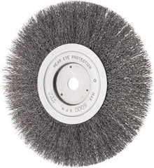 Weiler - 8" OD, 5/8" Arbor Hole, Crimped Steel Wheel Brush - 3/4" Face Width, 1-1/2" Trim Length, 0.014" Filament Diam, 4,500 RPM - Makers Industrial Supply