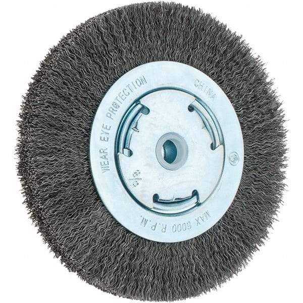 Weiler - 6" OD, 5/8" Arbor Hole, Crimped Steel Wheel Brush - 1-1/8" Face Width, 1-1/8" Trim Length, 0.014" Filament Diam, 6,000 RPM - Makers Industrial Supply