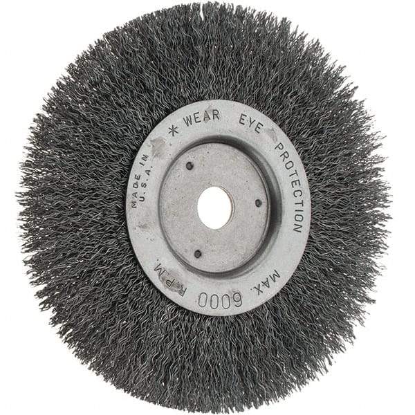 Weiler - 6" OD, 5/8" Arbor Hole, Crimped Steel Wheel Brush - 3/4" Face Width, 1-1/8" Trim Length, 0.014" Filament Diam, 6,000 RPM - Makers Industrial Supply