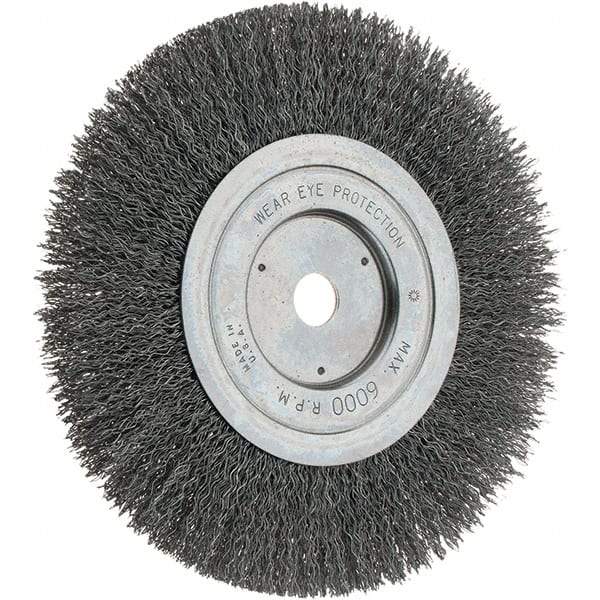 Weiler - 7" OD, 5/8" Arbor Hole, Crimped Steel Wheel Brush - 1" Face Width, 2" Trim Length, 0.014" Filament Diam, 6,000 RPM - Makers Industrial Supply