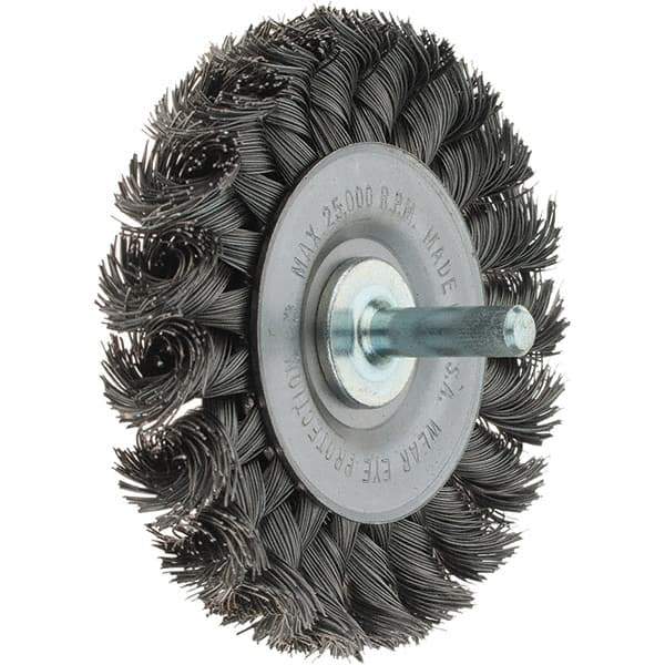 Weiler - 3" OD, 1/4" Shank Diam, Knotted Steel Wheel Brush - 3/8" Face Width, 5/8" Trim Length, 0.014" Filament Diam, 25,000 RPM - Makers Industrial Supply