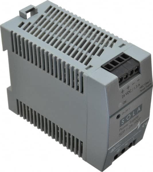 Sola/Hevi-Duty - 100 Watt, 1.30 Amp, 264 VAC, 375 VDC Input, 24 to 28 VDC Output, DIN Rail Power Supply - Screw Terminal Connection, 1 Output, 1.77 Inch Wide x 3.58 Inch Deep x 2.95 Inch High, Up to 83% Efficiency, 14 to 140°F, Green LED Display - Makers Industrial Supply