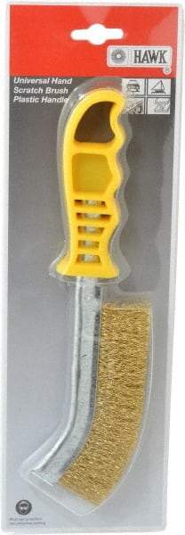 Made in USA - 1" Trim Length Brass Scratch Brass Brush - 5-1/2" Brush Length, 10" OAL, 1" Trim Length, Plastic Ergonomic Handle - Makers Industrial Supply