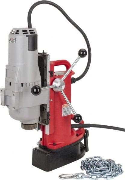 Milwaukee Tool - 1-1/4" Chuck, 11" Travel, Portable Electromagnetic Drill Press - 375 & 750 RPM, 12.5 Amps, 120 Volts, 9' Cord Length - Makers Industrial Supply