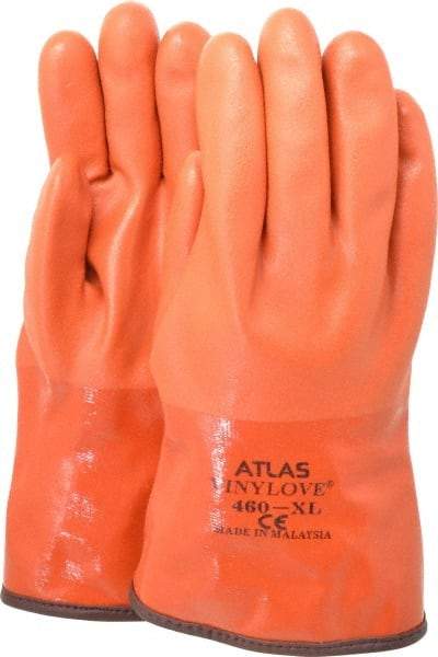 SHOWA - Size XL (10), 12" Long, PVC Chemical Resistant Gloves - Textured Finish, Cotton Blend Lined, Gauntlet Cuff, ANSI Abrasion Level 4, ANSI Cut Level 2, ANSI Puncture Level 2, Orange - Makers Industrial Supply