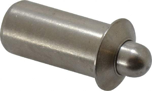 Vlier - 0.786" Body Len x 3/8" Body Diam, 0.234" Plunger Diam, 2.5 Lb Init to 7 Lb Final End Force, 0.786" Len Under Flange, Stainless Steel Press Fit Spring Plunger - 1/2" Flange Diam, 0.096" Flange Thickness, 0.882" Plunger Len, 3/16" Plunger Projection - Makers Industrial Supply