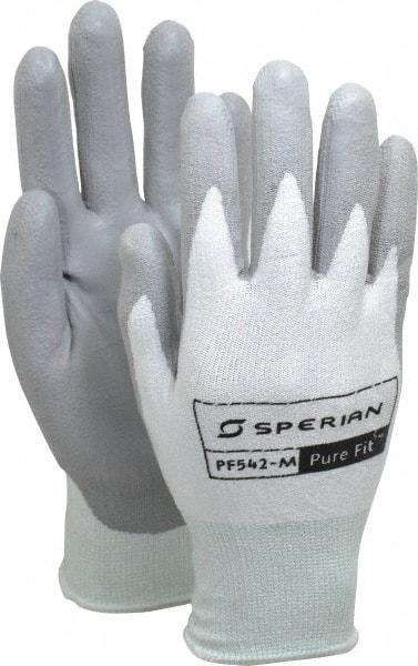 Honeywell - Size M (8), Polyurethane Coated HPPE Fiber Cut Resistant Gloves - Palm & Fingers Coated, Knit Wrist, White/Gray, Paired - Makers Industrial Supply