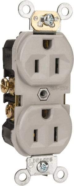 Leviton - 125 VAC, 15 Amp, 5-15R NEMA Configuration, Gray, Specification Grade, Self Grounding Duplex Receptacle - 1 Phase, 2 Poles, 3 Wire, Flush Mount, Tamper Resistant - Makers Industrial Supply