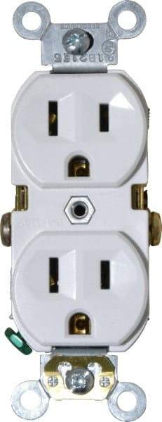 Leviton - 125 VAC, 15 Amp, 5-15R NEMA Configuration, White, Specification Grade, Self Grounding Duplex Receptacle - 1 Phase, 2 Poles, 3 Wire, Flush Mount, Tamper Resistant - Makers Industrial Supply