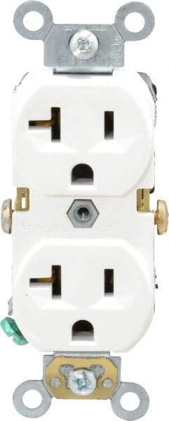 Leviton - 125 VAC, 20 Amp, 5-20R NEMA Configuration, White, Specification Grade, Self Grounding Duplex Receptacle - 1 Phase, 2 Poles, 3 Wire, Flush Mount, Tamper Resistant - Makers Industrial Supply