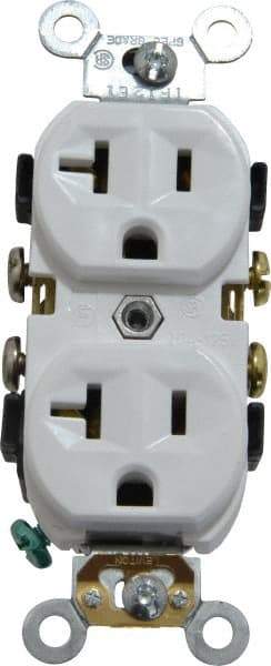 Leviton - 125 VAC, 20 Amp, 5-20R NEMA Configuration, White, Specification Grade, Self Grounding Duplex Receptacle - 1 Phase, 2 Poles, 3 Wire, Flush Mount, Tamper Resistant - Makers Industrial Supply