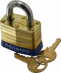 Master Lock - 3/4" Shackle Clearance, Keyed Different Laminated Brass Padlock - 9/32" Shackle Diam, Brass - Makers Industrial Supply