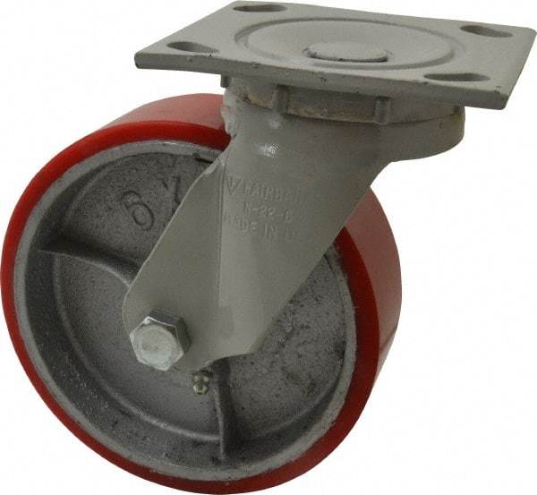 Fairbanks - 6" Diam x 2" Wide x 7-1/4" OAH Top Plate Mount Swivel Caster - Polyurethane, 1,000 Lb Capacity, Roller Bearing, 4 x 4-1/2" Plate - Makers Industrial Supply