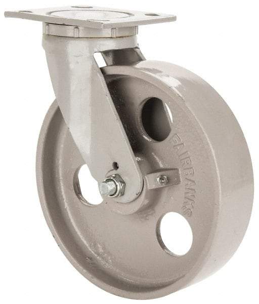 Fairbanks - 8" Diam x 2" Wide x 9-1/2" OAH Top Plate Mount Swivel Caster - Semi-Steel, 1,200 Lb Capacity, Roller Bearing, 4 x 4-1/2" Plate - Makers Industrial Supply