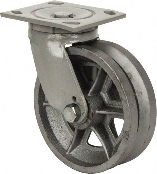 Fairbanks - 6" Diam x 2" Wide, V Groove Metal Swivel Caster - 1,200 Lb Capacity, Top Plate Mount, 4" x 4-1/2" Plate, Roller Bearing - Makers Industrial Supply