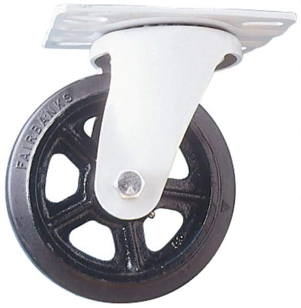 Fairbanks - 10" Diam x 2-1/2" Wide x 11-3/4" OAH Top Plate Mount Swivel Caster - Rubber, 1,500 Lb Capacity, Roller Bearing, 5-1/2 x 8-1/4" Plate - Makers Industrial Supply