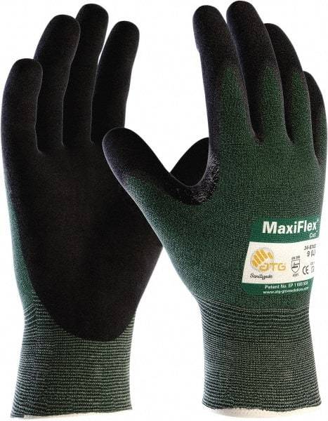 ATG - Size L (9), ANSI Cut Lvl A2, Puncture Lvl 1, Abrasion Lvl 4, Micro-Foam Nitrile Coated Nylon/Spandex Cut & Puncture Resistant Gloves - Palm Coated, Knit Wrist, Green/Black, Paired - Makers Industrial Supply