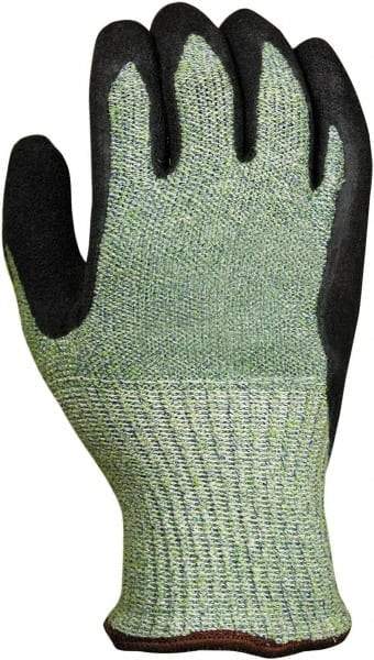 PRO-SAFE - Size S (7), ANSI Cut Lvl 5, Abrasion Lvl 4, Latex Coated HPPE Fiber/Stainless Steel Cut Resistant Gloves - 9.5" Long, Palm & Fingers Coated, Continuous Knit Cuff, Green/Black, Paired - Makers Industrial Supply