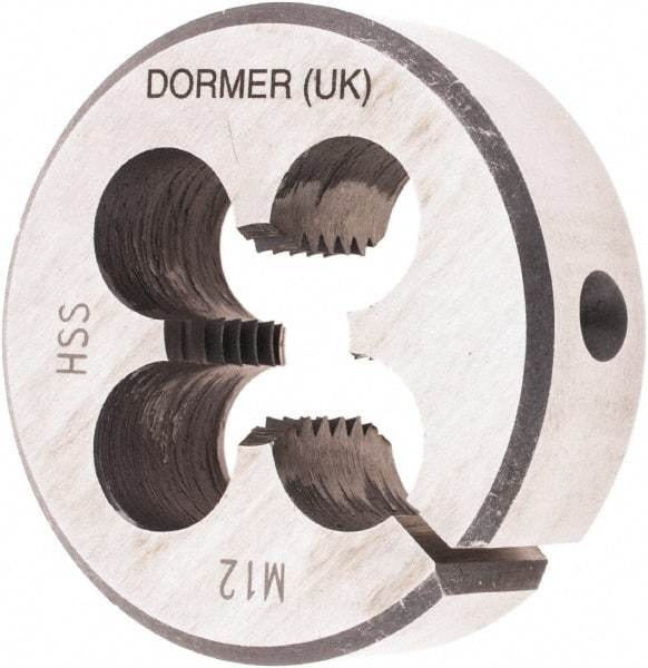 DORMER - M12x1.75 Metric Coarse Thread, 1-1/2" Outside Diam High Speed Steel Round Die - 1/2" Thick, Right Hand Thread, Series F300, Adjustable - Exact Industrial Supply