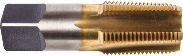 Union Butterfield - 3/8-18 NPT Thread, 4 Flute Standard Pipe Tap - 2-9/16" OAL, 1-1/16" Thread Length, 0.7" Shank Diam, TiN Finish, High Speed Steel - Exact Industrial Supply