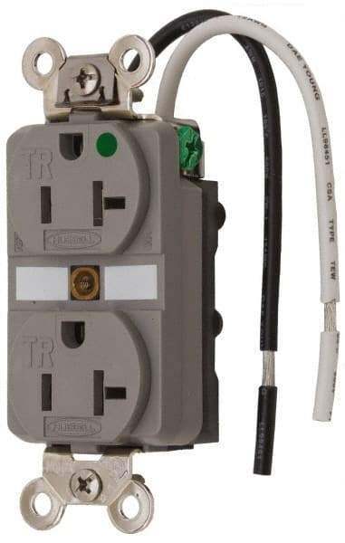 Hubbell Wiring Device-Kellems - 125 VAC, 20 Amp, 5-20R NEMA Configuration, Gray, Hospital Grade, Self Grounding Duplex Receptacle - 1 Phase, 2 Poles, 3 Wire, Flush Mount, Chemical, Corrosion and Impact Resistant, Tamper Resistant - Makers Industrial Supply