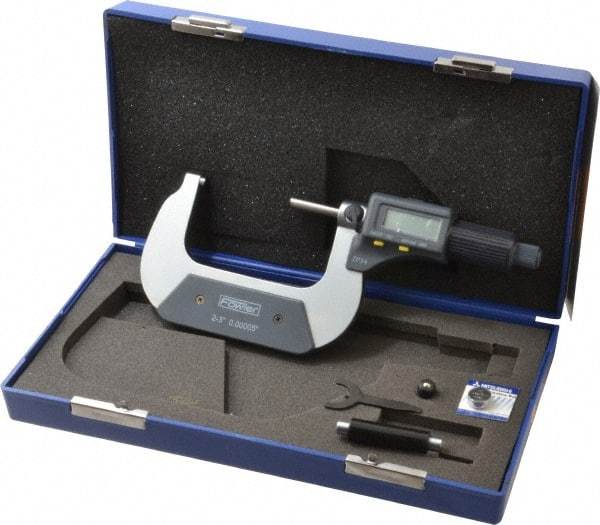 Fowler - 2 to 3 Inch Range, 0.0001 Inch Resolution, Standard Throat, IP54 Electronic Outside Micrometer - 0.0002 Inch Accuracy, Friction Thimble, 357 Battery, Data Output, Includes Case and Wrench - Makers Industrial Supply