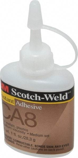 3M - 1 oz Bottle Clear Instant Adhesive - Series CA-8, 5 to 40 sec Fixture Time, 24 hr Full Cure Time, Bonds to Cardboard, Cork Board, Fabric, Fiberglass, Foam, Metal, Paper, Plastic, Rubber & Vinyl - Makers Industrial Supply